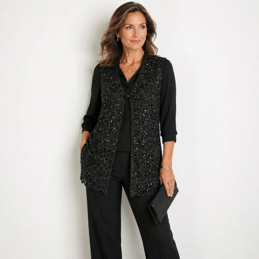 Vintage Oleg Cassini Beaded Sequined Silk Open Front Vest S Black NYE Event 90s